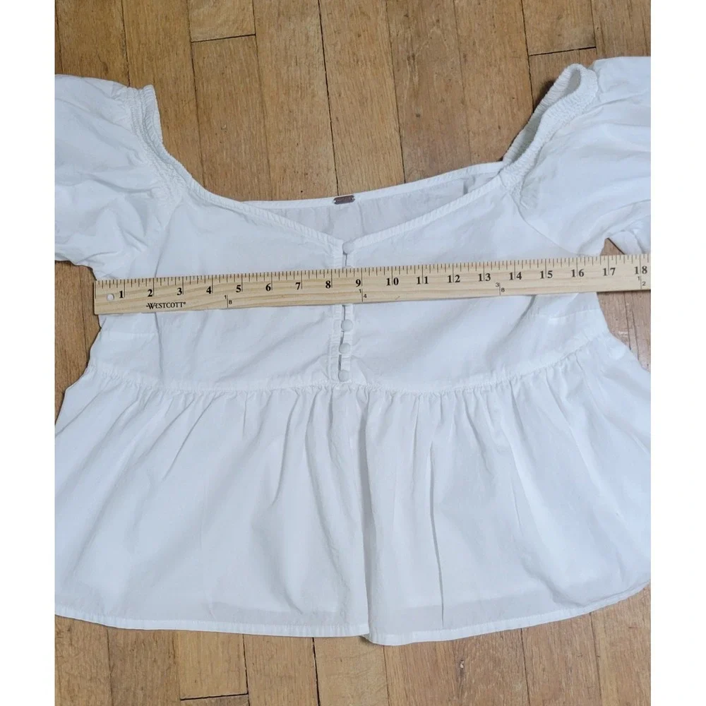 Free People Womens XS White Puff Sleeve Babydoll Peplum Cotton Blouse Boho